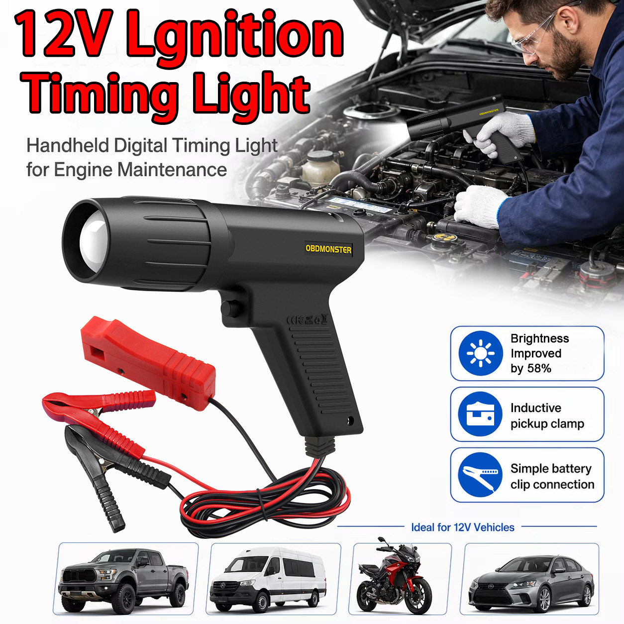 Timing Light Gun - Lampa indukcyjna do ustawiania zapłonu 12V,